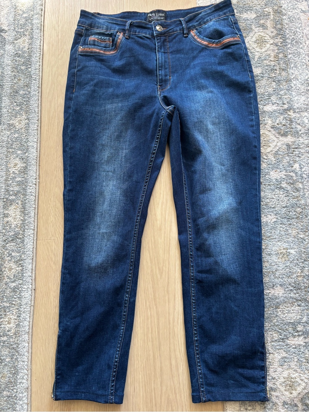 Frank Lyman Design Slim Jeans in Dark Blue with Brown Trim